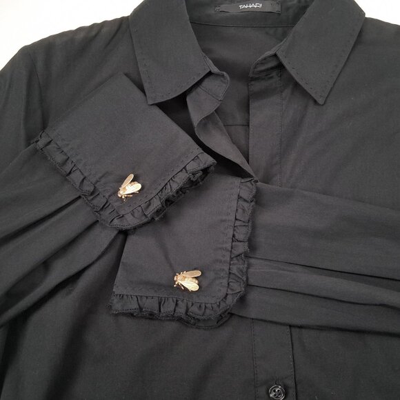 Tahari Black Button Front Shirt French Cuffs Pick Stitch Tailored Stretch SZ M - Picture 7 of 13